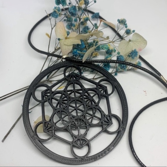 Handmade New 3D Printed Black Metatron Cube Sterling Silver Leather Necklace - Picture 8 of 15